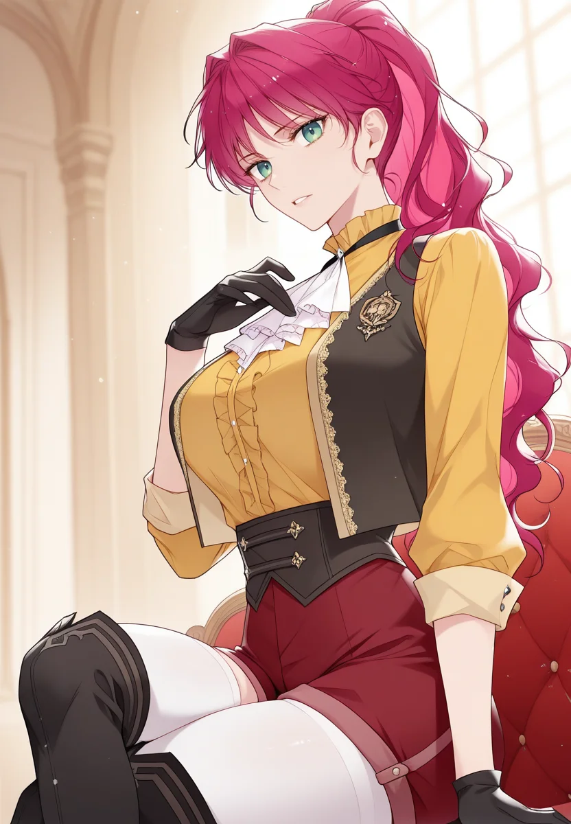 zPDXL3, score_9_up, score_8_up, score_7_up, ,Masterpiece,(perfect female body:1.2), small waist, (incredibly detailed:1.4), beautiful fingers, (large breasts:1.4) looking at viewer, huge breasts, <lora:Penelope_Eckhart_-_Death_Is_the_Only_Ending_for_the_Villainess-Kaleid_Illustrious:1> penelopeeckhart, 1girl, long hair, green eyes, pink hair, red shorts, shirt, black thigh boots, white thighhighs, yellow shirt, black gloves, ponytail, vest, pantyhose, sitting, crossed legs,