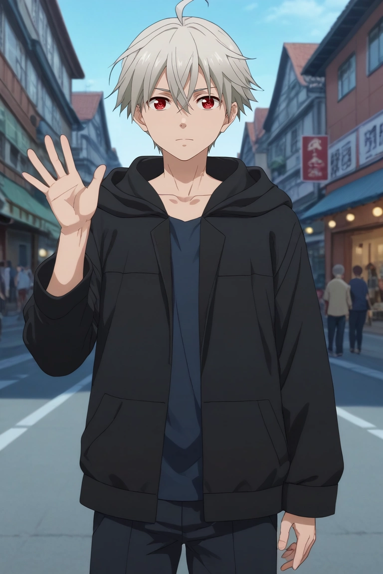 score_9, score_8_up, score_7_up, , rating_safe, , anime screencap, , , , , 1boy, solo, male focus, <lora:yoshio_kobayashi_pony:0.92>, yoshio_kobayashi, grey hair, red eyes, short hair, hair between eyes, ahoge, focused, town, suburbs, dawn, waving, heart eyes, carnival costume, <lora:sdxl_lightning_8step_lora:1>