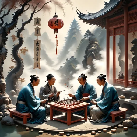 Sinoink, ral-frctlgmtry, Two players play go, they are playing outside of a tea house while enjoying a pipe of tobacco, paper lanterns and streamers decorate the outside of the Tea House
