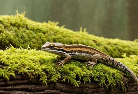 Cinematic, Cinematic Lighting, Cinematic Shot, extremely detailed, Film Still, macro photography, depth of field, high detail, hires textures, incredibly detailed, intricate details, intricate diorama, masterpiece, Movie Still, outstanding intricacies, photorealism, true masterpiece, fountain background, glamourous, Stately, lizard, skink, Plestiodon, cry5t415ku11, Pacific Northwest conifer forest, sitting beneath a rotten log with mold and moss.