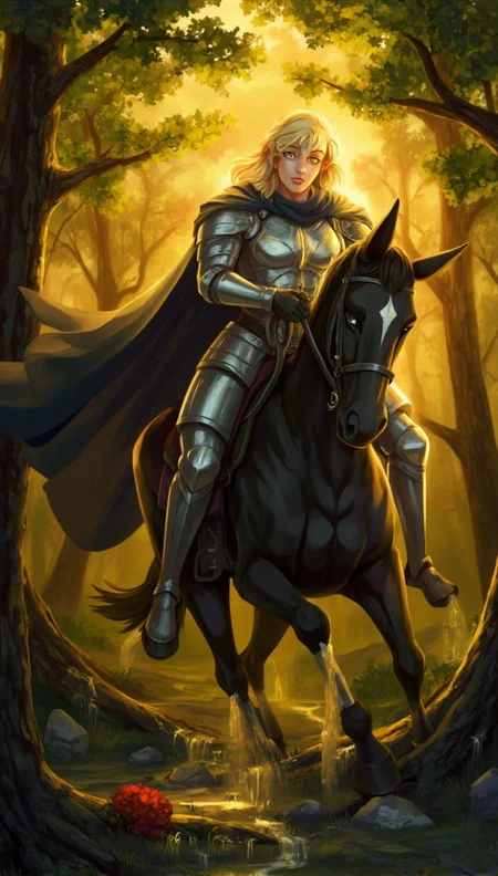 <lora:ck-LttleGhost-000011.safetensors:1> in the style of ck-lttlegh0stA tall, blond-haired warrior-knight rides a black stallion through an otherworldly forest, his chiseled features and full breasts sheathed in reflective silver armor as he navigates a mystical glade bathed in pulsing, golden light. The trees tower above, their misty branches filtering the sun's rays, while his dark cape flows behind him like a living entity, rustling softly with an ethereal wind.