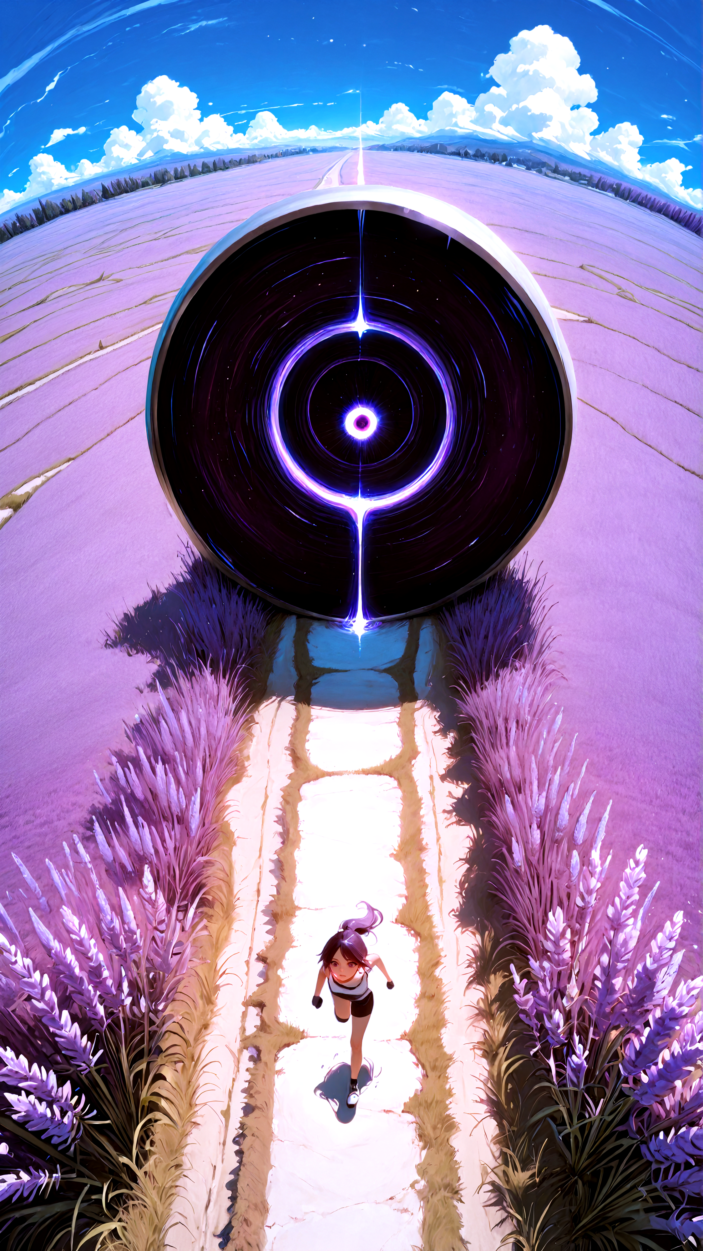 masterpiece, newest,absurdres,incredibly absurdres, best quality, amazing quality, very aesthetic, anime style, realistic,
1girl, running, field, scenery, road, (fisheye:1.4), clouds, trees, (from above:1.4), portal \(object\), blob, ((gravity)), lavender field,
 <lora:Face_Enhancer_Illustrious:1> <lora:bWluaW1hX2Fp-illustriousXL_v01_V4-CAME:0.6> bWlua,   <lora:NOOB_vp1_detailer_by_volnovik_v1:1>