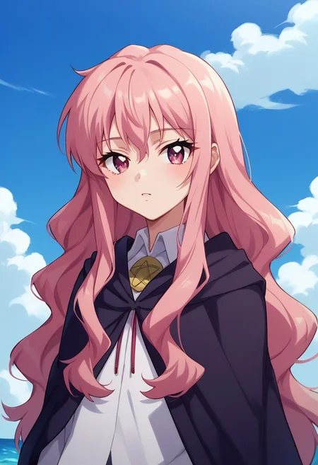 score_8_up, score_7_up, source_anime, highly detailed,
louisezero, 1girl, solo, long hair, pentacle, cape, pink hair, pink eyes, upper body, bolo tie, shirt, white shirt
outdoor, sky,