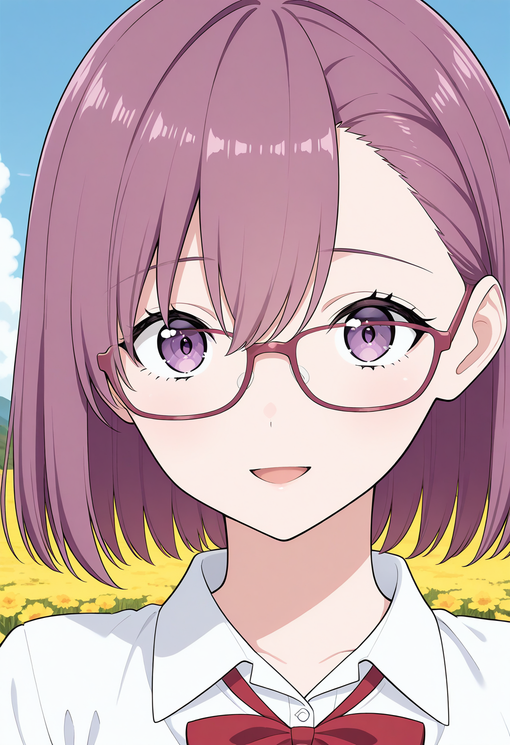 amano_ririsa, purple eyes, purple hair, short hair, bangs, school uniform, bowtie, short sleeves, white shirt, <lora:nitengojigen_amano_ririsa_illustrious_ver1:0.8> 
smile, 1girl, solo, (field:1.2), (blue sky:1.2), looking at viewer, glasses,, masterpiece, best quality, general,, (upper body:1.2), (close-up:1.2), (facing viewer:1.2), (open eyes:1.4), (portrait:1.2)