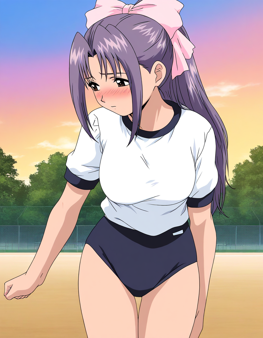 general,highres, game cg, ultra-detailed,very aesthetic,best quality ,best hands,  BREAK <lora:koigakubo_Momoko_IS:1>koigakubo_Momoko, purple hair, long hair, hair bow, brown eyes, ponytail, pink bow, 
purple hair, long hair, hair bow, brown eyes, ponytail, pink bow, blush, solo, gym uniform,white shirt, dark blue buruma, breasts, sky, outdoor, 
anime coloring,