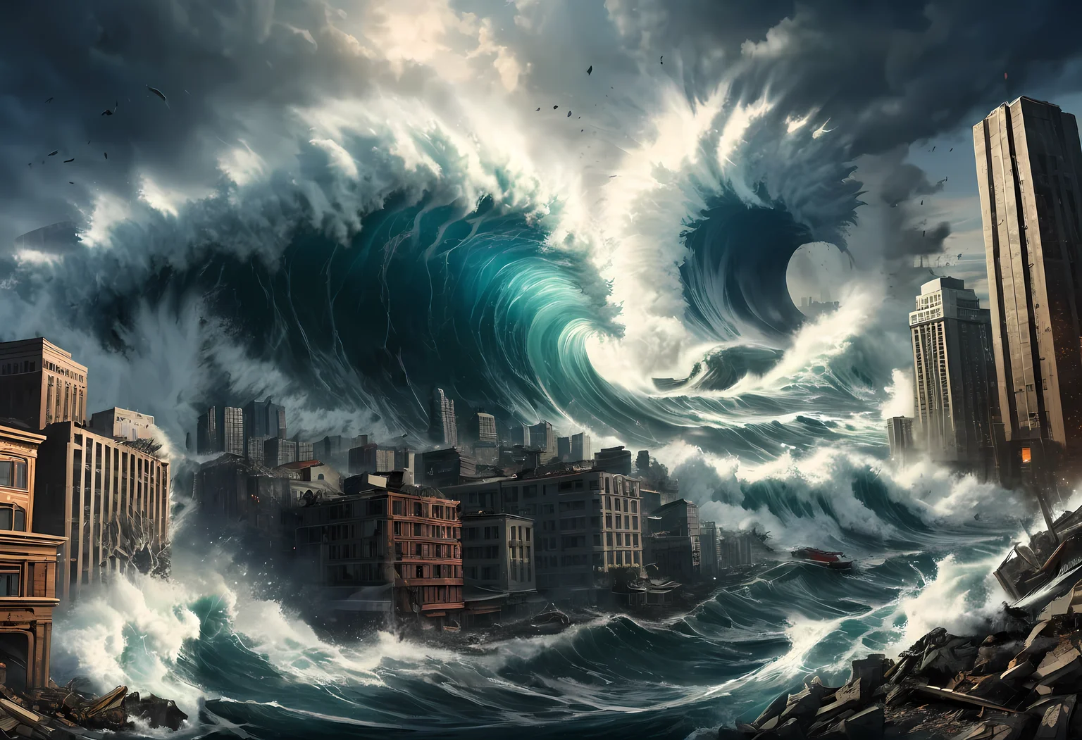 <lora:add-detail-xl:1.6> <lora:Epic_Landscape_Generator_XL:1.1>tsunami apocalypse, giant waves crashing into a city, chaos, destruction, apocalypse, end of the world, explosive light, masterpiece, high quality, high detail, best quality