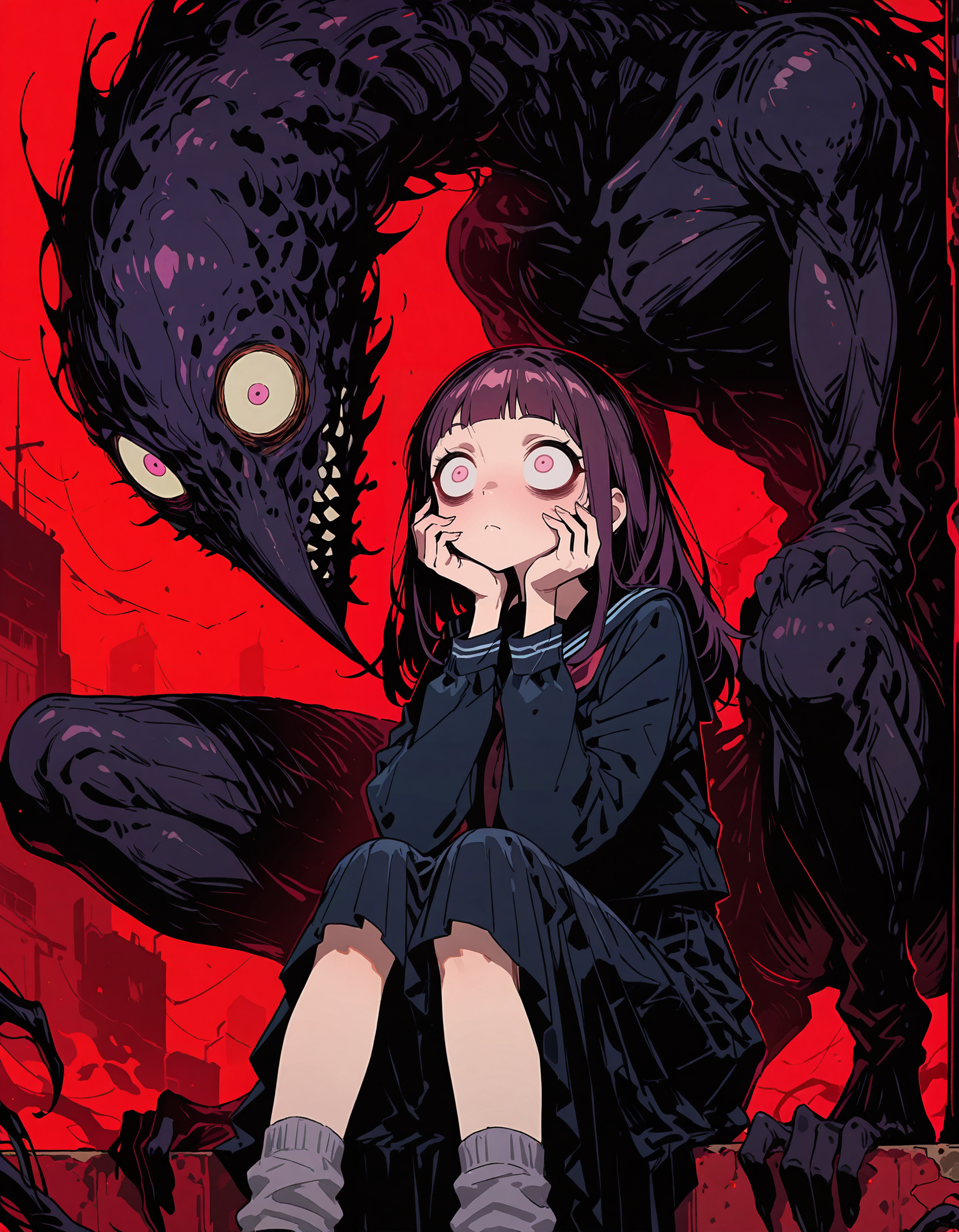masterpiece, newest, incredibly absurdres, highres,  <lora:3Y3S_style:1>,3Y3S_illu, 1girl, red background, school uniform, serafuku, hands on own face, skirt, wide-eyed, sitting, socks, bangs, monster, black serafuku, pink eyes, blunt bangs, sailor collar, long hair, long sleeves, black skirt, looking up, shirt