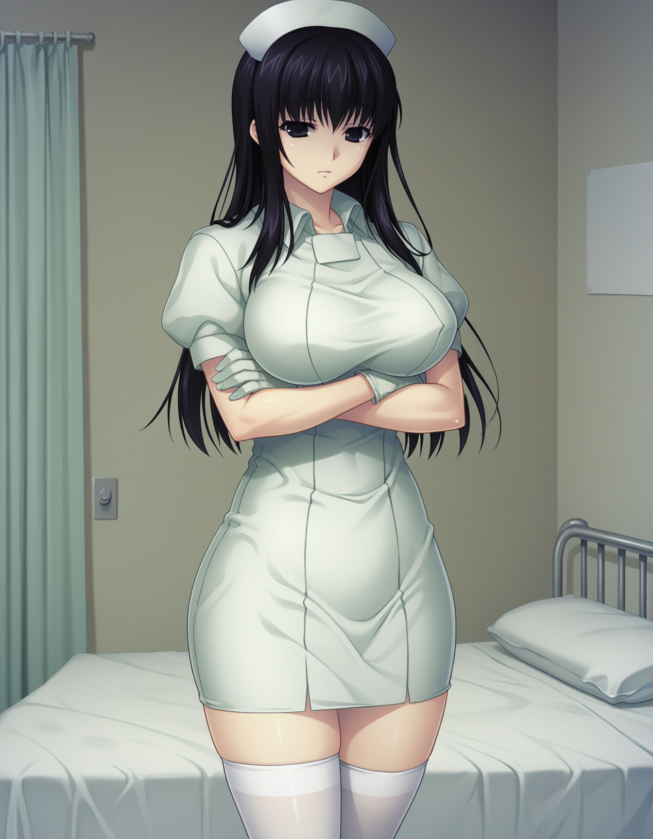 score_9, score_8_up, score_7_up BREAK 1girl, solo, Kiritani, black hair, long hair, black eyes, large breasts, nurse, nurse cap, short sleeves, gloves, white thighhighs, standing, crossed arms, cowboy shot, hospital, bed, dark theme, low light <lora:kiritani_sb_pdxl_v1:0.8>