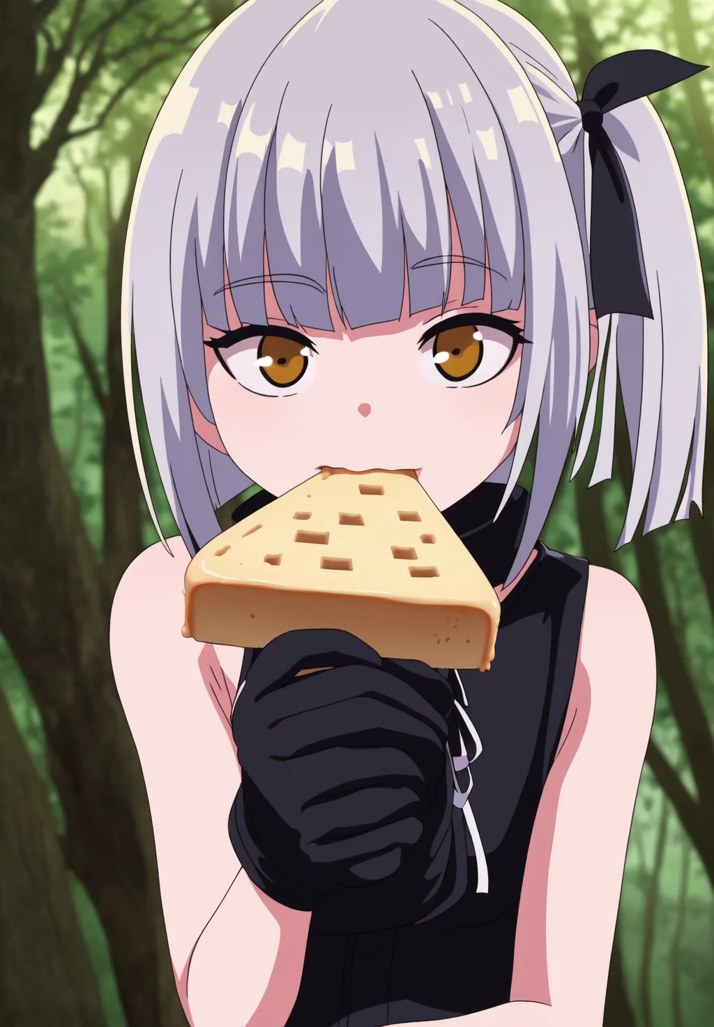 <lora:Ataru:0.8>, Ataru, 1girl, solo, gloves, ribbon, bare shoulders, hair ribbon, outdoors, food, sleeveless, black gloves, blunt bangs, side ponytail, tree, blurry background, mouth hold, eating, portrait, nature, forest, popsicle, food in mouth