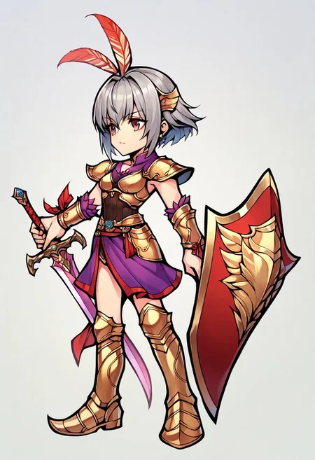 score_9,score_8_up,score_7_up,score_6_up, lu lingqi, short hair, grey hair, armor, head armor, feathers, brown eyes, sword, shield, holding sword, holding shield, operaomniastyle, full body, white background, zPDXL3,