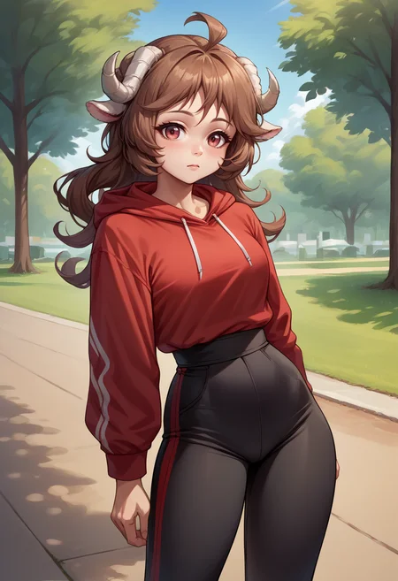 score_9, score_8_up, source_anime, 1girl, solo, Eyjafjalla, curled horns, ahoge, outdoors, park, red hoodie, high-waist pants, yoga pants, black pants, light blush, <lora:ChamPonyXLEyjafjalla:1>