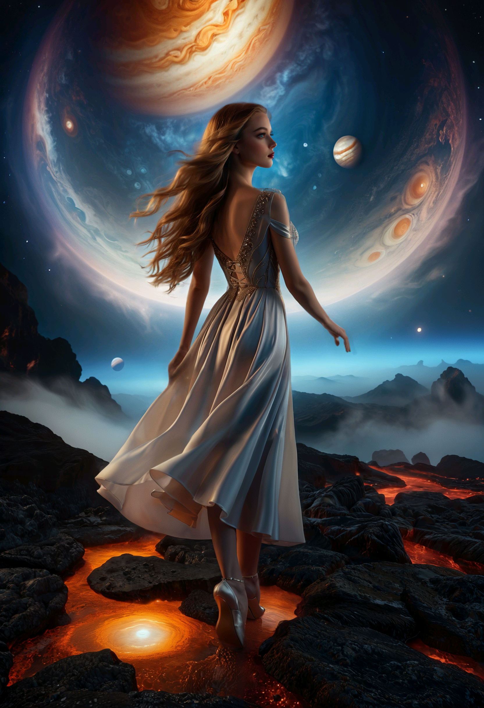 cinematic film still a woman in a blue dress standing on a beach next to a giant planet with a star in the sky, David Martin, fantasy artwork, a detailed matte painting, fantasy art . shallow depth of field, vignette, highly detailed, high budget, bokeh, cinemascope, moody, epic, gorgeous, film grain, grainy