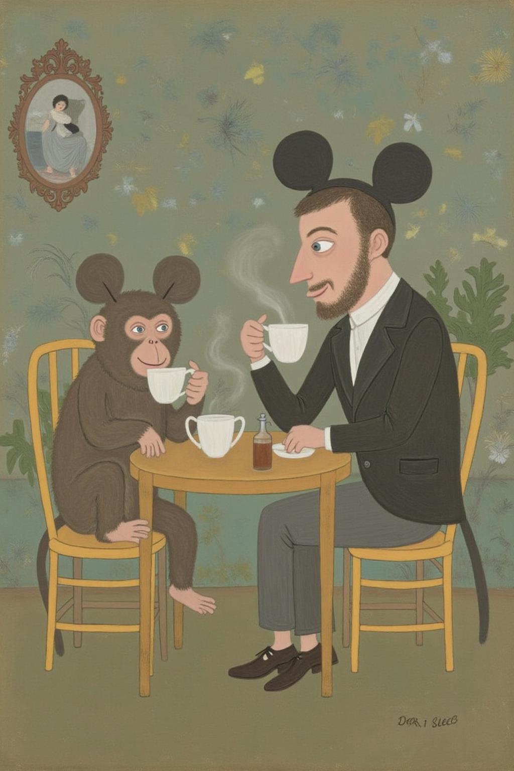 dorislee1 painting. 
A small monkey and a man wearing Mickey Mouse ears, sitting at a table drinking tea,  <lora:dorislee1_cap_d6a3:1.0><lora:834818574632833749:0>