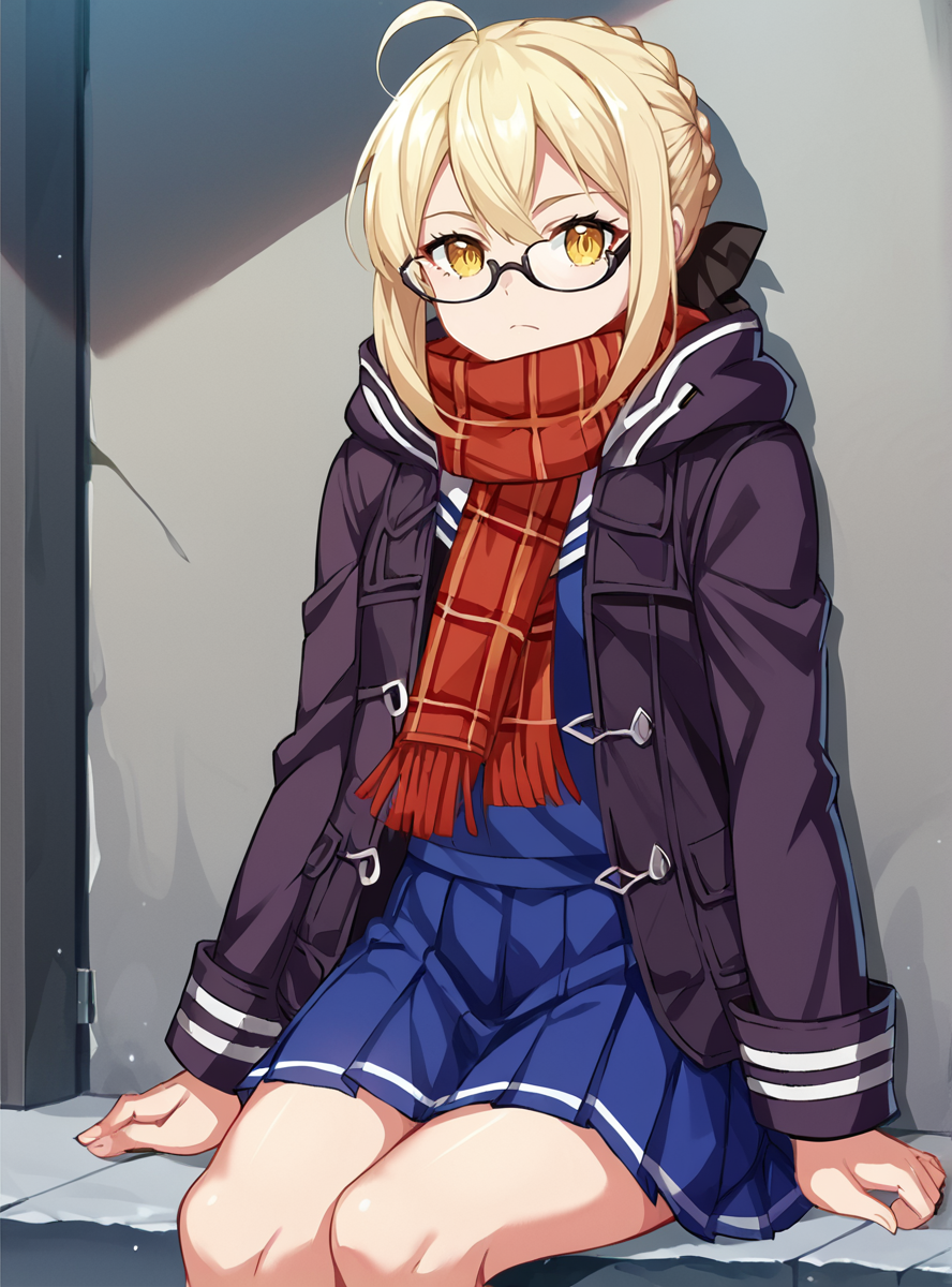 score_9, score_8_up, score_7_up, score_6_up, score_5_up, score_4_up , source_anime, anime screencap, anime coloring,   <lora:Heroine_X:0.8>heroinexdefault, glasses, yellow eyes, ahoge, blonde hair, scarf, braid, jacket, red scarf, skirt, french braid,sitting, expresionless solo