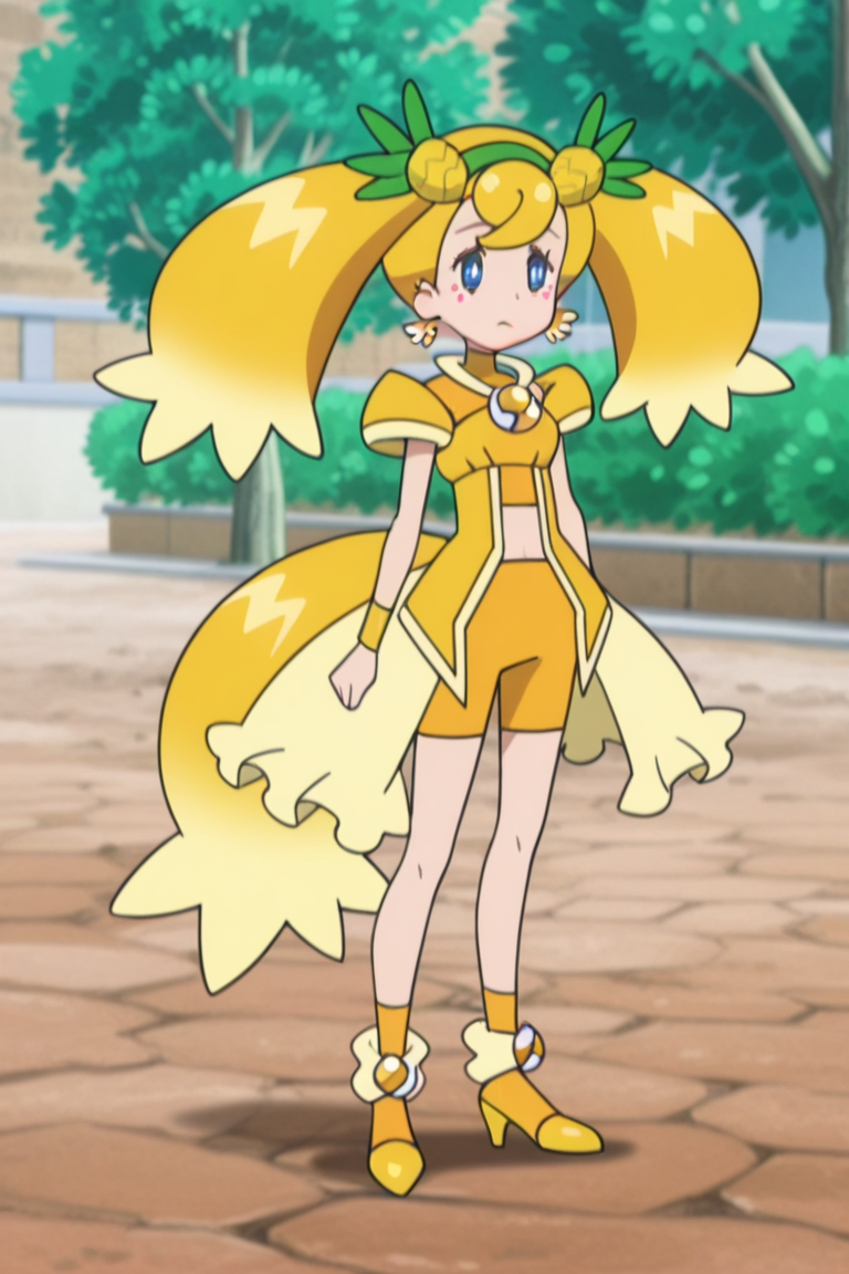1girl,outdoors, 
 <lora:lana_scho_magi_1:1> mag3ca gir7l,
la7na mag3cal,blue eyes,yellow hair,two ponytails,green headband with pineapples,yellow wings earrings,makeup,yellow dress,yellow wristbandsmidriff, yellow short pants,yellow tail,yellow socks,yellow heels,, masterpiece, high quality, absurdres, best quality, very aesthetic, newest,
