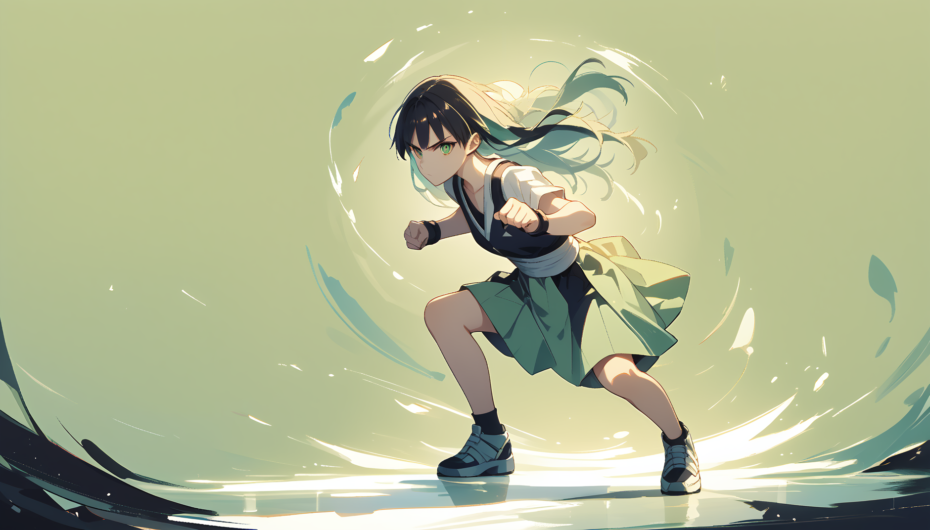 score_9, score_8_up, score_7_up, score_6_up, wallpaper-kai, (abstract-background:1.1), 1girl, green theme, action pose