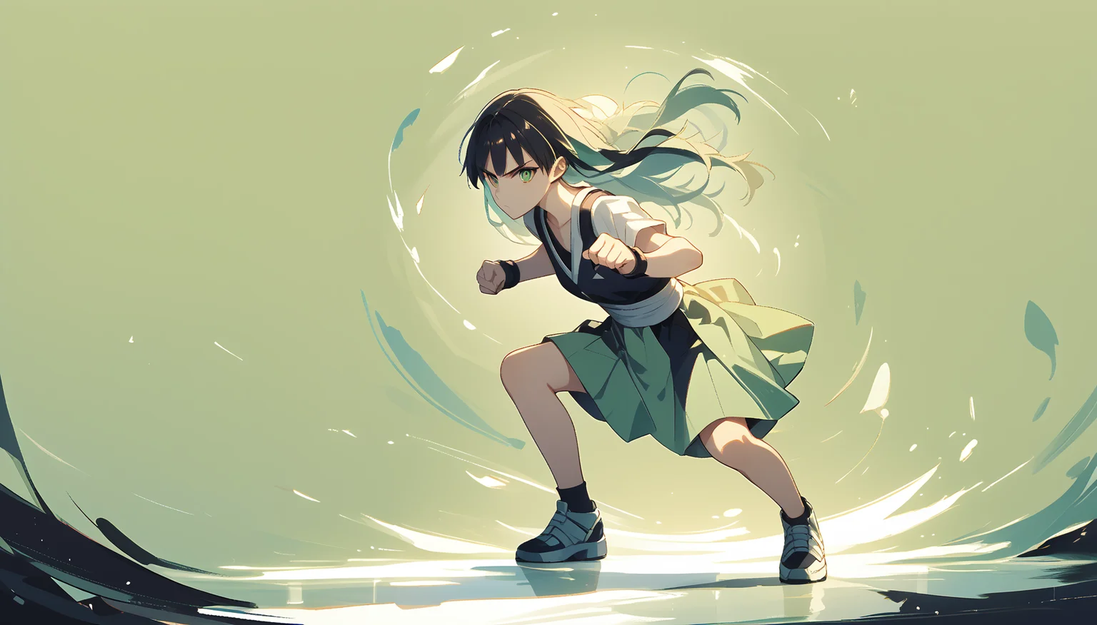score_9, score_8_up, score_7_up, score_6_up, wallpaper-kai, (abstract-background:1.1), 1girl, green theme, action pose