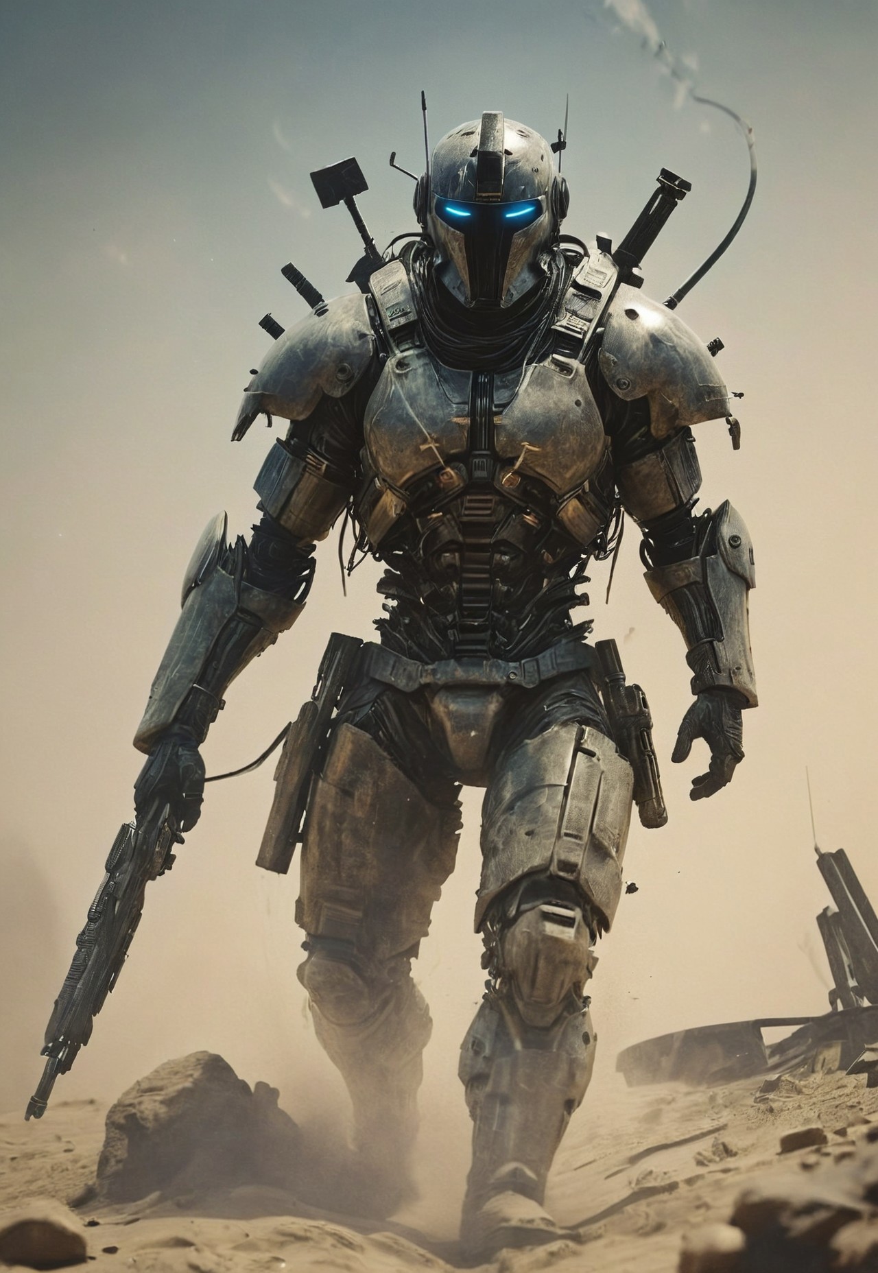 feudal Silk Road style, amazing quality, masterpiece, best quality, hyper detailed, ultra detailed, UHD, dof, hyper-realism, majestic, subsurface scattering, awesome, inspiring, A gritty Grindhouse film still inspired by "Death Proof": A muscular, athletic man: rambo in reflective shiny translucent Armor Made of technical parts, cyberpunk cables and wires, stands in the wind of a dusty desert in front of a Large fresh grave. holds an old, impressively large weapon in his hand, exuding a laid-back yet dangerous vibe. The photo features faded colors, with a limited palette of gray, beige, and washed-out blueish orange, capturing her cool, striking appearance.. cinematic composition, soft shadows, national geographic style,