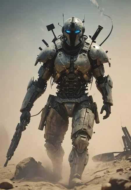 feudal Silk Road style, amazing quality, masterpiece, best quality, hyper detailed, ultra detailed, UHD, dof, hyper-realism, majestic, subsurface scattering, awesome, inspiring, A gritty Grindhouse film still inspired by "Death Proof": A muscular, athletic man: rambo in reflective shiny translucent Armor Made of technical parts, cyberpunk cables and wires, stands in the wind of a dusty desert in front of a Large fresh grave. holds an old, impressively large weapon in his hand, exuding a laid-back yet dangerous vibe. The photo features faded colors, with a limited palette of gray, beige, and washed-out blueish orange, capturing her cool, striking appearance.. cinematic composition, soft shadows, national geographic style,