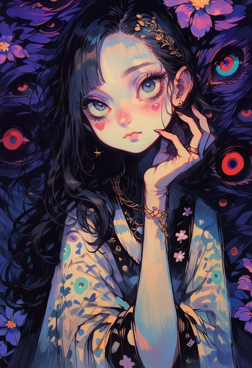 score_9, score_8_up, score_7_up, score_6_up, 1girl, solo, cr33pp41nt, f3nn3r, jewelry, sending a kiss to camera, sending kiss, rosy cheeks, elegant makeup, love, purple flower, flowers instead of eyes, detailed background of a purple moon, long hair, asymmetrical bangs, white long hair, fair skin,