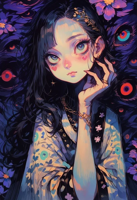 score_9, score_8_up, score_7_up, score_6_up, 1girl, solo, cr33pp41nt, f3nn3r, jewelry, sending a kiss to camera, sending kiss, rosy cheeks, elegant makeup, love, purple flower, flowers instead of eyes, detailed background of a purple moon, long hair, asymmetrical bangs, white long hair, fair skin,