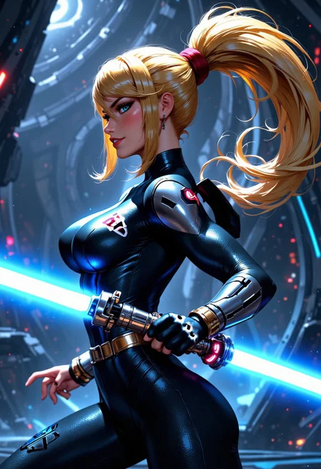 Masterpiece, source_anime, cinematic action shot of a beautiful and stunning samus aran, wearing a jedi outfit, jedi warrior armor, glowing blue eyes, on a fighting stance dual wielding lightsaber,s blue lightsaber, shiny and glossy, intricate and beautiful blonde high ponytail hairstyle, huge breasts, grin, high-res, semi realistic, best quality, amazing details, intricate details, ray tracing, dramatic lighting, mythp0rt, samusaran