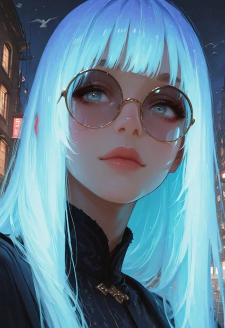 score_9, score_8_up, score_7_up, score_6_up, score_5_up, score_4_up, Cinematic Lighting, Volumetric Lighting, Bloom, Post Processing, Perfest Anatomy, Extermy Ely Detailed Eyes and Face, Perfect Eyes.8K,
1girl, ((Solo,))
Birch eyes. Bright hair, straight long hair, glowing hair, high parallel bangs, seagull wing, big eyes, thin lips, many curved thin eyebrows. Neat nose.
-- clothes -- Black sunglasses, big round glasses.
BREAK
Focus on the face, the girl stands half-sideways to the viewer, her head is slightly turned to the side, looking at the foggy night city, a lonely tear runs down her face.
Stars, space are reflected in the glasses. Mysterious atmosphere, guest picture.
Focus on the face. close-up,
(realistic style photo)(realistic:1.2)
dynamic lighting, warm lighting, dreamy lighting, realistic volumetric lighting
<lora:DandonFuga_Style_v.2_-_Pony:0.65>