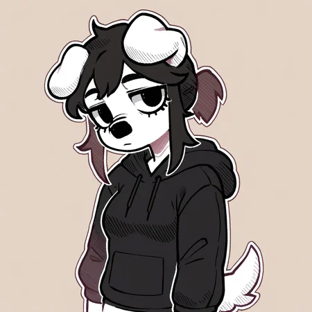 score_9_up, score_8_up, score_7_up, score_6_up, half-length portrait, medium breasts, black hair, deer, dog, white body, floppy ears, black topwear, hoodie, ponytail, female, looking at viewer, tail, solo, neutral expression, jeans, three-quarter view, head tilt, simple background, white outline,