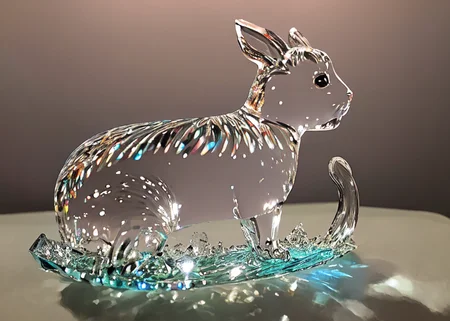 realistic glasssculpture of a rabbit, translucent, transparent, detailed cityscape background, street, reflections. cgsociety masterpiece,  flowers everywhere, artstation trending, by rossdraws, ghibli, Kimi no Na wa, greg rutkowski