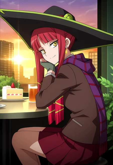 masterpiece,best quality,amazing quality,
solo, face focus,
Gaily Kurt (Cardfight Vanguard), long hair, red hair, blunt bangs, sidelocks, yellow eyes, school uniform, hat, witch hat, earrings, jewelry, striped scarf, jacket, striped clothes, fingerless gloves, red skirt,
Looking at viewer, big smile, from side,
cinematic, upper body, cake,
Sit, sitting, glass, sci-fi city, cafe, greenery,
afternoon, sunset,
Lens flare, bloom, detailed shadow,
Official style, anime screencap, anime coloring,