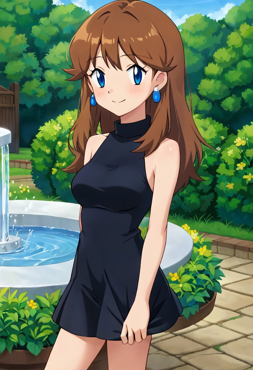 score_9, score_8_up, masterpiece, best quality, uncensored, correct anatomy, detailed background, anime_source, 1girl, solo, alone, perfect eyes, perfect arms, perfect legs, perfect face, outdoors, medium breasts,  bare shoulders, field and forest,
gurin, blue eyes, brown hair, long hair, bangs, sidelocks, black dress, short dress, upper body, (blue earrings, round earrings),
standing, blush, smile, arms at side, garden, water fountain