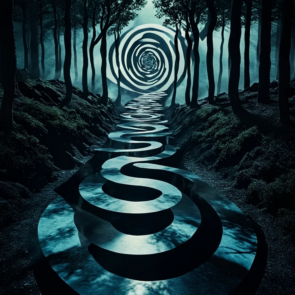 <lora:Geometric_Dreamlike_Movie_r1:1> no humans, forest, nature, tree, outdoors, scenery, road, stairs, reflection, ArsMovieStill, A dreamlike movie still, The image is a digital art piece that appears to be a surreal landscape. It shows a long winding path in the middle of a forest with tall trees on either side. The trees are shrouded in fog creating a mysterious and eerie atmosphere. The path is made up of multiple concentric circles that are arranged in a spiral pattern creating an illusion of depth and dimension. The colors are mostly blue and black with some hints of white and gray. The overall mood of the image is dark and eerie with a sense of mystery and wonder.