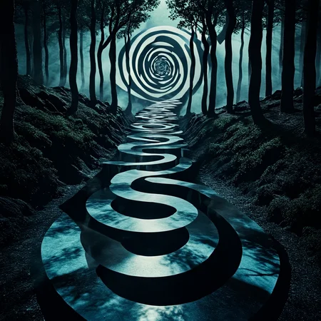 <lora:Geometric_Dreamlike_Movie_r1:1> no humans, forest, nature, tree, outdoors, scenery, road, stairs, reflection, ArsMovieStill, A dreamlike movie still, The image is a digital art piece that appears to be a surreal landscape. It shows a long winding path in the middle of a forest with tall trees on either side. The trees are shrouded in fog creating a mysterious and eerie atmosphere. The path is made up of multiple concentric circles that are arranged in a spiral pattern creating an illusion of depth and dimension. The colors are mostly blue and black with some hints of white and gray. The overall mood of the image is dark and eerie with a sense of mystery and wonder.