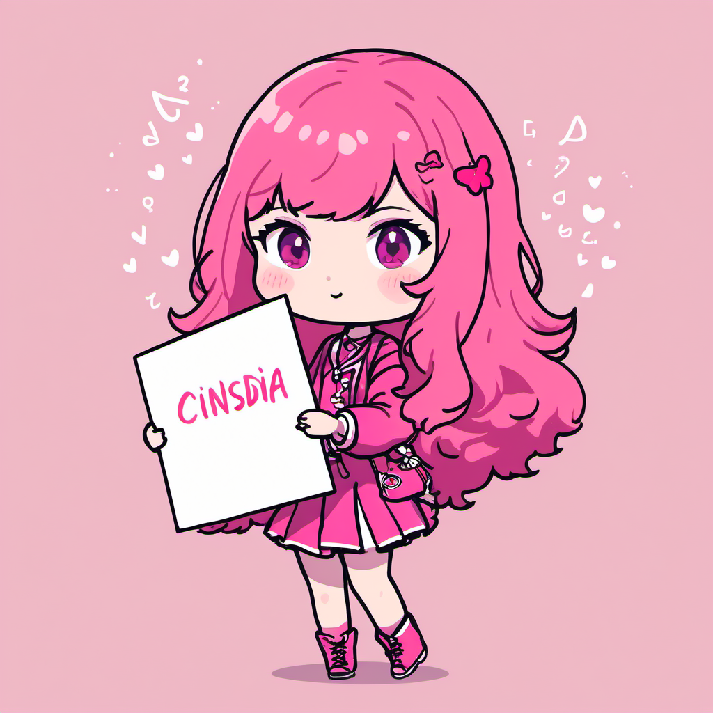 <lora:chibi_anime:1>1 pink girl  held a blank piece of paper with Cinsdia written on it