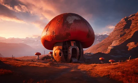 a giant red mushroom structure lying in landscape, rusted steel, best quality, landscape, nature, masterpiece, intricate, highly detailed, beautiful mountains, sunset, cinematic lights, <lora:abslandsdxl:0.9>, abslandsdxl