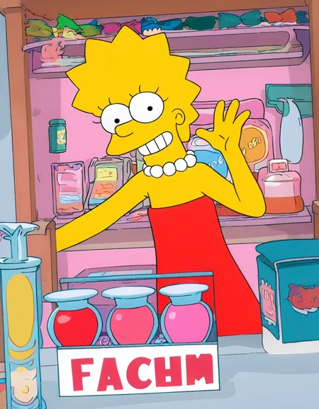 lisa_simpsons, girl, red dress, bare shoulders, teeth, looking at viewer, waving, in candy shop, masterpiece, best quality, 
<lora:the_simpsons:1>