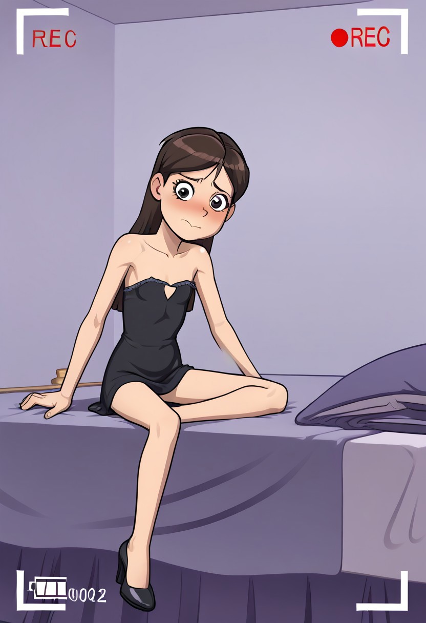 bedroom, bed, pillow, brunette girl, shorty, skinny, slender, undersized, flat chested, recording, hidden camera interface, purple sheet, purple pillow, purple wall, girl`s bedroom interior,1girl, black dress, high heels, solo girl, posing on bed, sitting, shy, naughty,