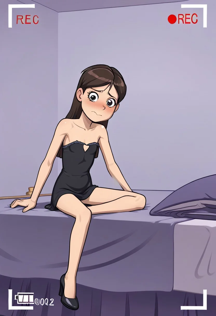 bedroom, bed, pillow, brunette girl, shorty, skinny, slender, undersized, flat chested, recording, hidden camera interface, purple sheet, purple pillow, purple wall, girl`s bedroom interior,1girl, black dress, high heels, solo girl, posing on bed, sitting, shy, naughty,