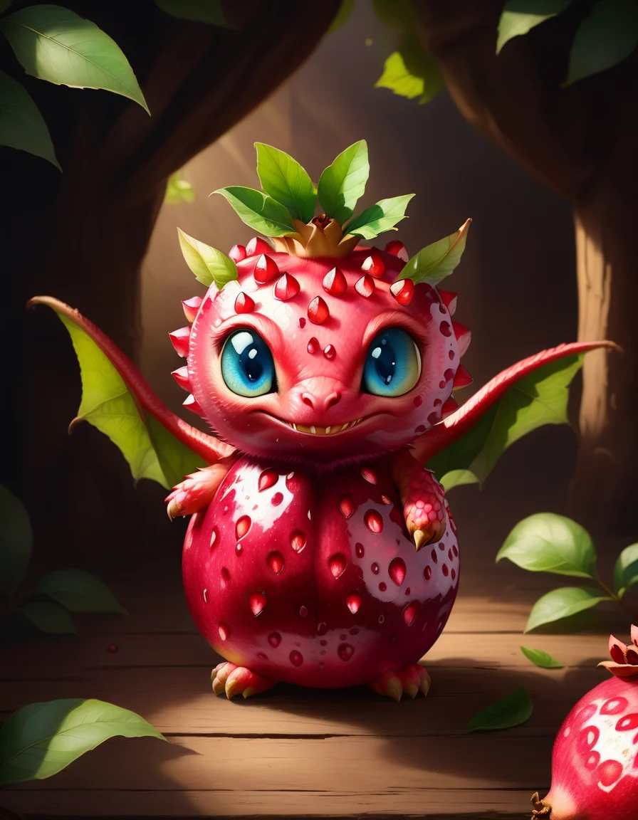 <lora:FoodPets:1> Foodpets very cute appealing anthropomorphic baby pomegranate dragon, leaf wings, looking at the viewer, macro, cinematic lighting, fantasy art, dynamic composition, epic realistic, award winning illustration