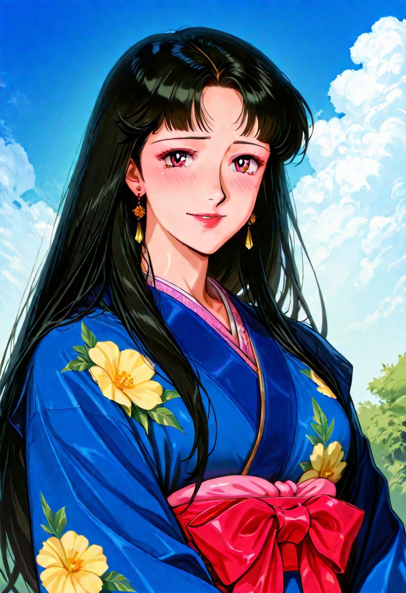 RTKXI style, 1990s_\(style\),retro_artstyle,1woman,mature female,black_hair,long_hair,bangs,blue_Japanese_Kimono,earrings,looking at viewer,,(detailed face,shy,smile,red_lips), ,outdoor,blue_sky,cloud,BREAK score_9, score_8_up, score_7_up, source_anime,masterpiece, best quality,official art,perfect_anatomy
 (best quality) , (highly detailed) ,((masterpiece)), ((best quality)), (ultra-detailed), ((extremely detailed)), (high resolution), 4K, (8K), best quality, (beautiful), (dynamic lighting),