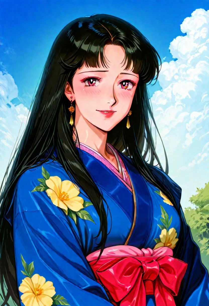 RTKXI style, 1990s_\(style\),retro_artstyle,1woman,mature female,black_hair,long_hair,bangs,blue_Japanese_Kimono,earrings,looking at viewer,,(detailed face,shy,smile,red_lips), ,outdoor,blue_sky,cloud,BREAK score_9, score_8_up, score_7_up, source_anime,masterpiece, best quality,official art,perfect_anatomy
(best quality) , (highly detailed) ,((masterpiece)), ((best quality)), (ultra-detailed), ((extremely detailed)), (high resolution), 4K, (8K), best quality, (beautiful), (dynamic lighting),