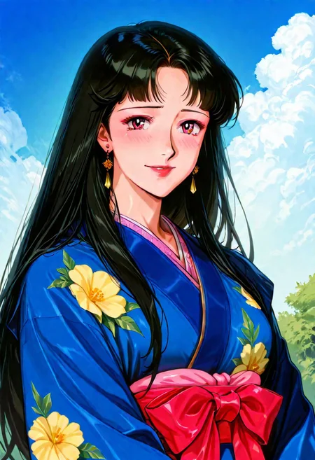 RTKXI style, 1990s_\(style\),retro_artstyle,1woman,mature female,black_hair,long_hair,bangs,blue_Japanese_Kimono,earrings,looking at viewer,,(detailed face,shy,smile,red_lips), ,outdoor,blue_sky,cloud,BREAK score_9, score_8_up, score_7_up, source_anime,masterpiece, best quality,official art,perfect_anatomy
(best quality) , (highly detailed) ,((masterpiece)), ((best quality)), (ultra-detailed), ((extremely detailed)), (high resolution), 4K, (8K), best quality, (beautiful), (dynamic lighting),
