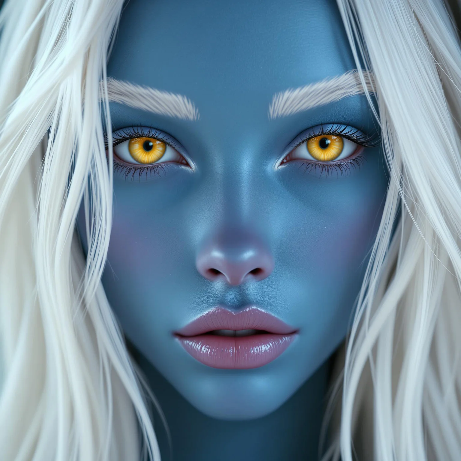 (face portrait:1.3) of (Lyra:1.3), a striking (cobalt-colored skin:1.3) woman, Her long, flowing white hair cascades down her back, contrasting beautifully with her (cobalt-colored skin:1.3). Her most captivating feature is her (yellow eyes:1.3) that seem to hold ancient wisdom and otherworldly energy. She has delicate pink lips and thin, elegantly arched (white eyebrows:1.3) that accentuate her alien beauty.  The lighting is soft and diffused, highlighting the textures of her skin, hair, creating a photorealistic and ethereal portrait. (photorealistic:1.1), (highly detailed:1.1), (ethereal:1.2). Lyra:1.3) is looking at the camera