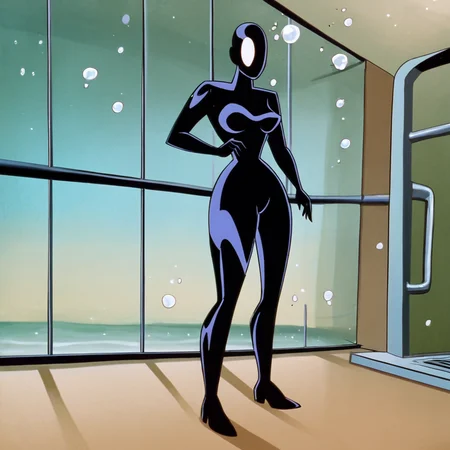 <lora:Inque_pony_v1:.8>InqueMonsterBatmanBeyond, 1girl, black bodysuit, air bubble, underwater, breasts, cowboy shot