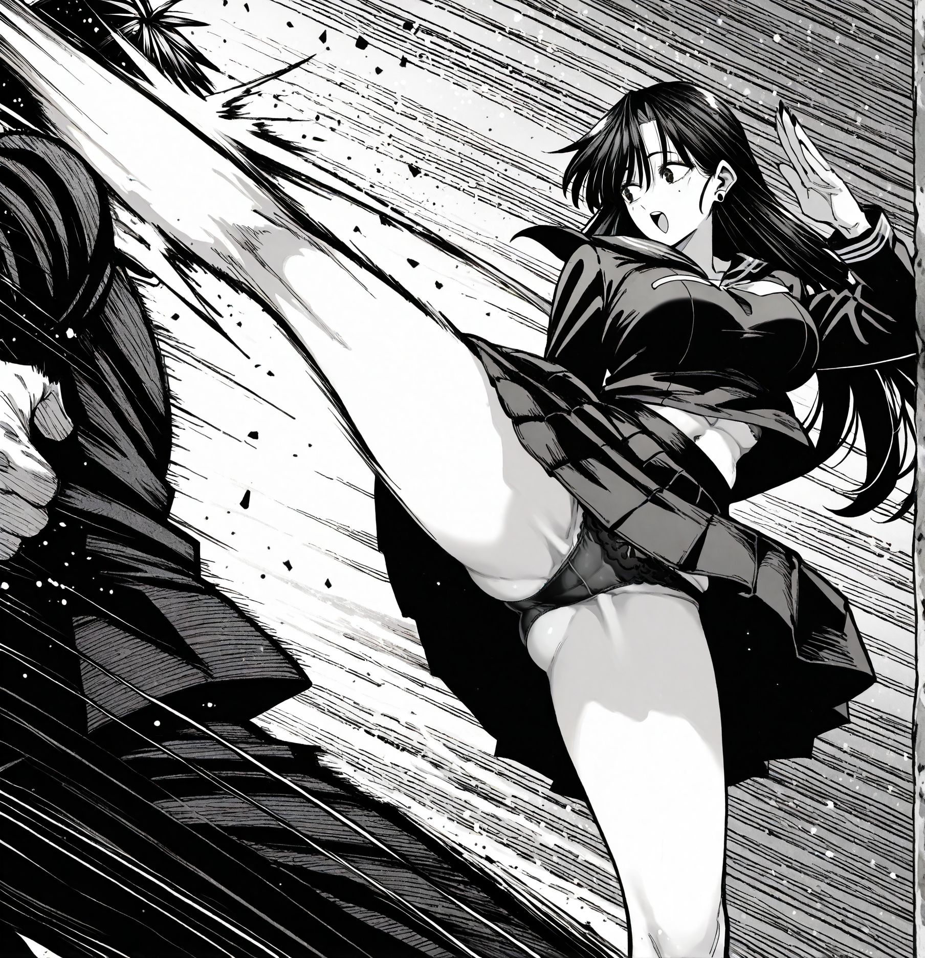 <lora:add-detail-xl:0.5>,masterpiecebest quality,anime coloring,anime screenshot,
<lora:bouryokubannzai:1>bouryokubannzaiV1,
1girl.monochrome.
greyscale.1boy.
kicking..skirt
school uniform.
serafuku.speed lines.
underwear.
b_subaru.
fight.
b_rikudou.