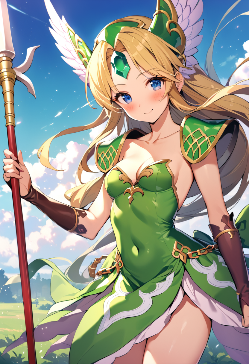 1girl, riesz, trials of mana, blonde hair, solo, blue eyes, polearm, low-tied long hair, smile, cleavage, very long hair, spear, bridal gauntlets, day, shoulder armor, small breasts, helmet, looking at viewer, hair bow, winged helmet, cloud, green dress, green bow, pauldrons, blush, blue sky, standing, forehead jewel, cowboy shot, fingerless gloves, holding polearm, closed mouth, eyebrows visible through hair, outdoors, short dress, strapless dress, collarbone, bangs, sleeveless dress, thighs, gem, black gloves, shiny, floating hair, sidelocks, covered navel, ribbon, hair ornament, shiny hair, brown gloves, wind, light particles, elbow gloves, cloudy sky, head wings, masterpiece, best quality <lora:riesz_sdxl_locon_ani_v1:0.7>