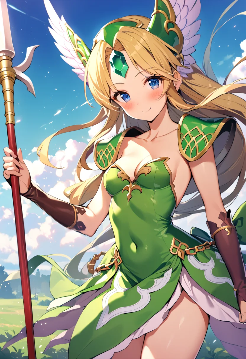 1girl, riesz, trials of mana, blonde hair, solo, blue eyes, polearm, low-tied long hair, smile, cleavage, very long hair, spear, bridal gauntlets, day, shoulder armor, small breasts, helmet, looking at viewer, hair bow, winged helmet, cloud, green dress, green bow, pauldrons, blush, blue sky, standing, forehead jewel, cowboy shot, fingerless gloves, holding polearm, closed mouth, eyebrows visible through hair, outdoors, short dress, strapless dress, collarbone, bangs, sleeveless dress, thighs, gem, black gloves, shiny, floating hair, sidelocks, covered navel, ribbon, hair ornament, shiny hair, brown gloves, wind, light particles, elbow gloves, cloudy sky, head wings, masterpiece, best quality <lora:riesz_sdxl_locon_ani_v1:0.7>
