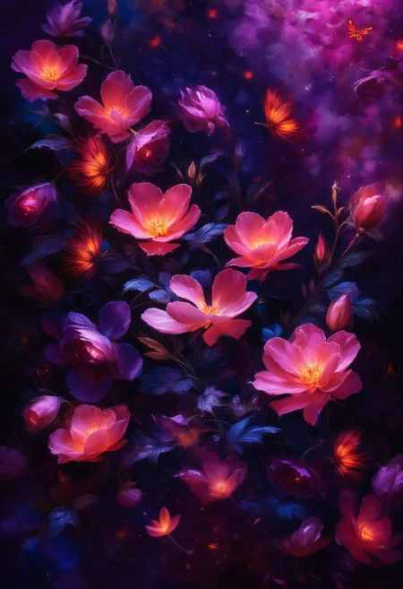 vibrant orange Bleeding Hearts flowers and glowing red butterflies against a pitch-black background Painterly,  surreal, vibrant glow, bokeh, 8k,Pink Roses, purple_flower,pink_flower,purple_flower