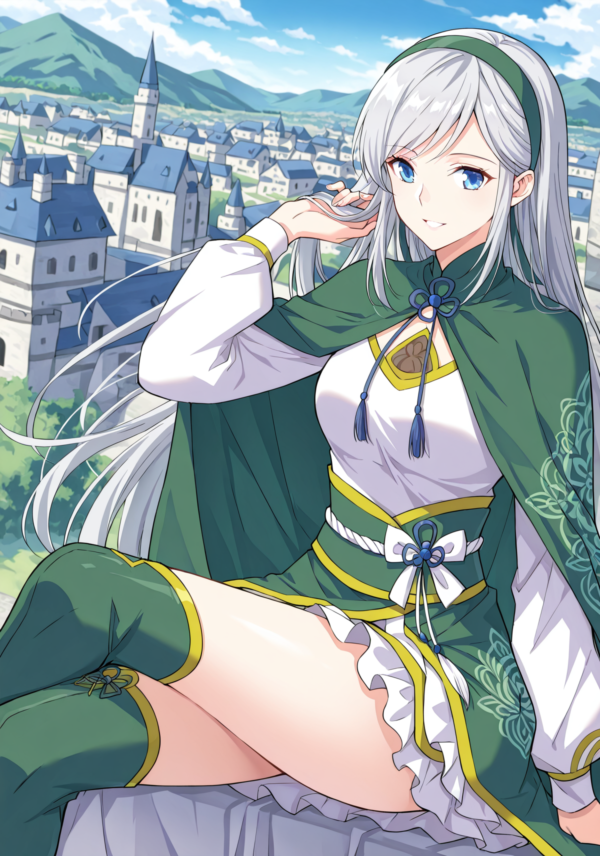 <lora:Han_Xue__Battle_Through_the_Heavens__Illustrious:1>
1girl, solo, silver hair, long hair, straight hair, hairband, blue eyes, anime style, elegant, 
fantasy outfit, eastern fantasy, green and white outfit, green cape, decorated cape, intricate design, tassel accessories, bow ribbon on chest, green obi belt, layered skirt, open chest cutout, long sleeves, green thigh-high boots,
score_9, score_8_up, score_7_up, very aesthetic, source_anime, detailed, high quality, beautiful, masterpiece, detailed eyes, castle, village, blurry background, cityscape, pose dynamic angle, light smile, open mouth, hand on hair, sitting