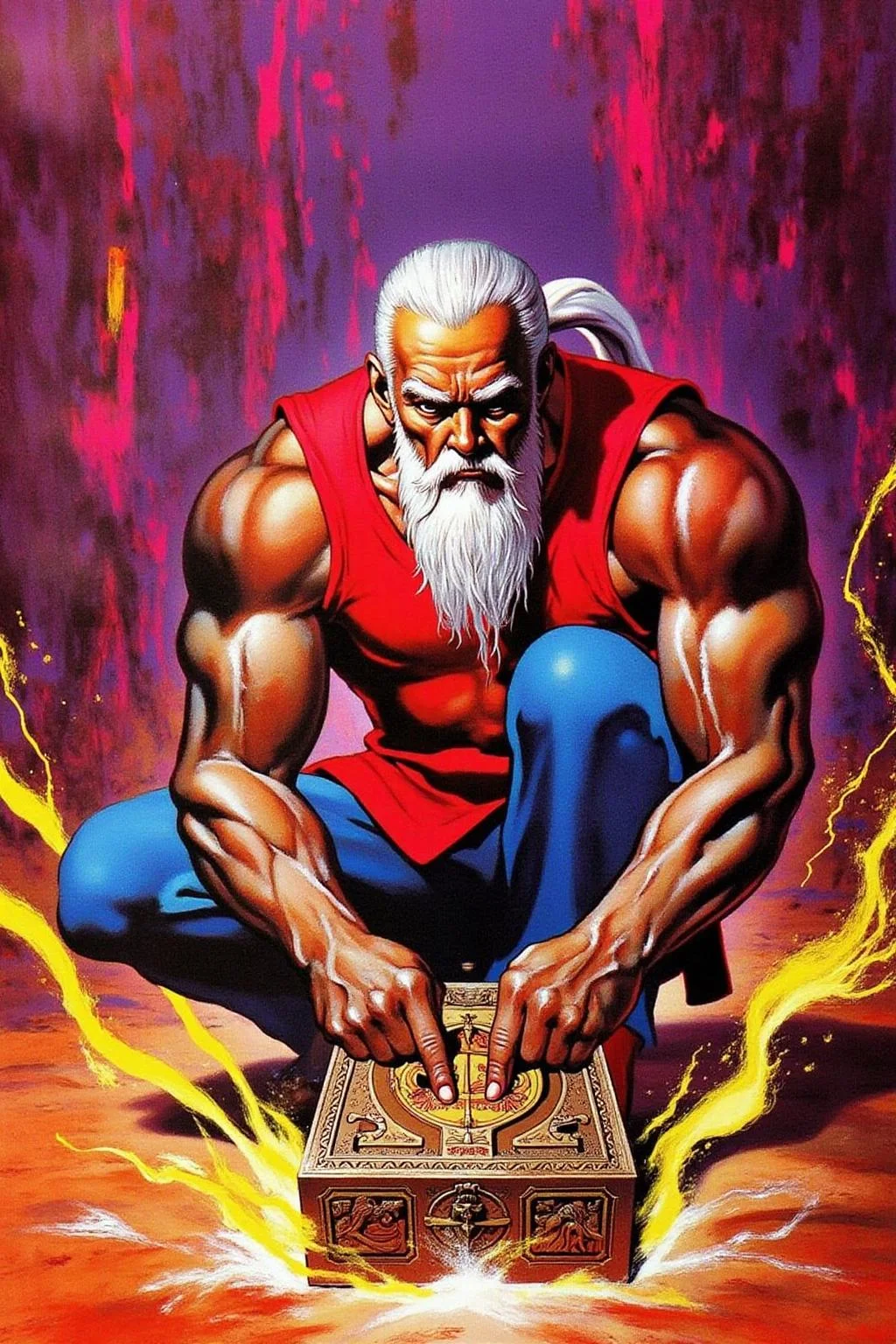 chenu1 illustration.
This is a vibrant, highly detailed digital illustration in a stylized, comic book-inspired style. The central figure is an imposing, muscular, elderly man with a long white beard and hair, dressed in a red sleeveless top and blue pants. He is squatting on the ground, holding a large, ornate, rectangular object with both hands, appearing to be examining or manipulating it. His skin is dark, and he has a stern, focused expression.
<lora:chenu2_poster_cap_d6a3:1.0><lora:822506939209492221:0>
